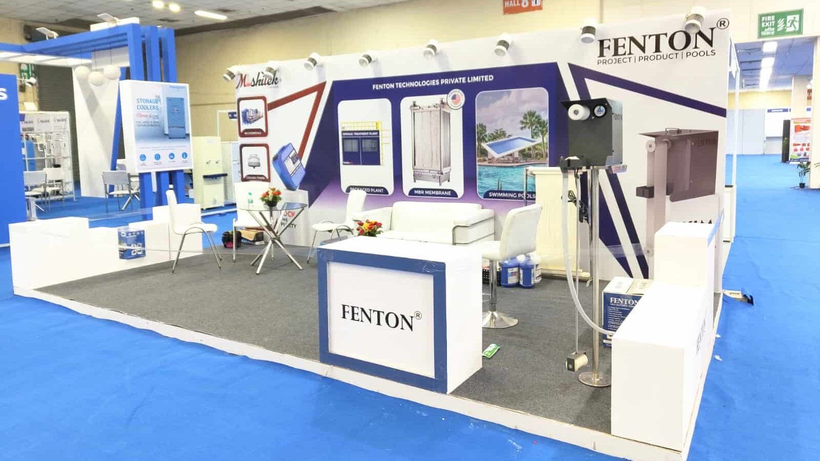 Fenton technologies Stall Design Water Expo 2023 ,eureka Forbes, Hach, Sensors, Forbes Marshal , adjoining stall, expo stall design 6*3 meter